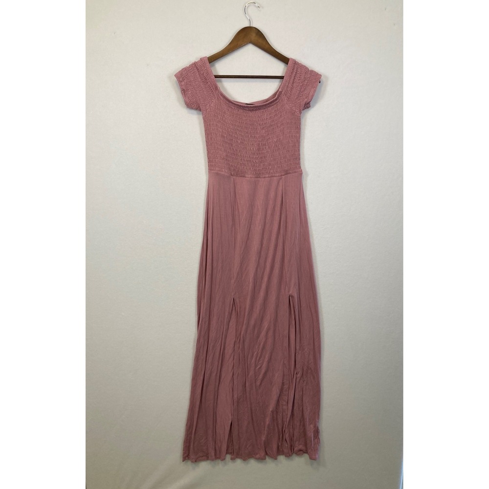 Express Pink Smocked Maxi Dress Short Sleeve Double Slit Womens Small